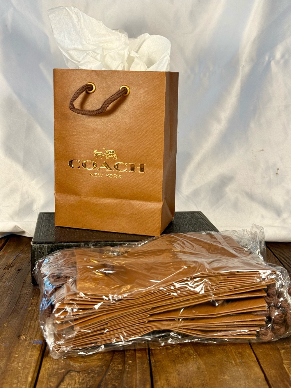 COACH Petite Paper Gift Bags Set of 10 Brown Gold Logo NEW